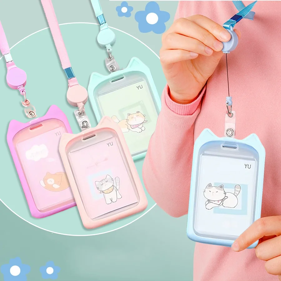 Cat Ear Card Holder+Retractable Reel Lanyard，Work ID Card Holder Campus Card Neck Lanyard Badge 1005010667340344