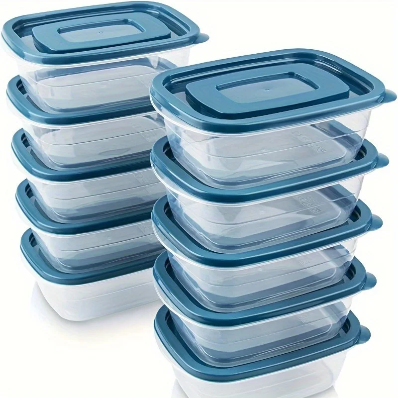 A Set of 6 Transparent Stackable Plastic Food Storage Containers with Blue Lids and Measurement 1005010667782735