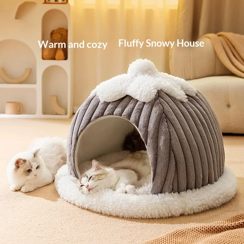 Winter Warm Semi Enclosed Plush Cat Bed Hooded Cat Cave Thick Padded Removable Washable Cozy 1005010679344303
