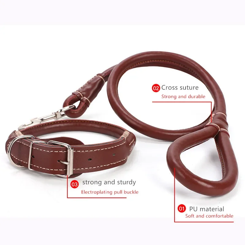 Thick PU Leather Dog Collar and Leash Set for Small Medium Big Dogs Round Strong Pet Walking 1005010707051804