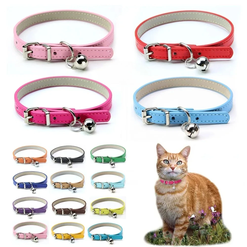 Solid Color Leather Cat Dog Collar with Bell Adjustable Puppy Collar for Small Medium Large Dog 1005010728233353