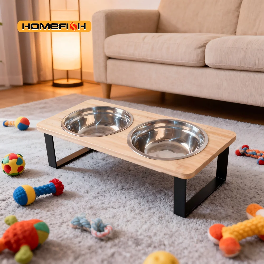 Elevated Cat Bowl Pet Feeder 15° Tilted Raised Cat Food Bowl with Wooden Base Includes 2 Stainless 1005010733379809