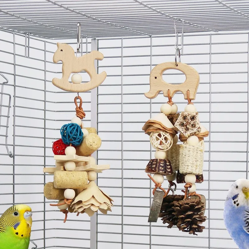 Bird Parrot Toy Wooden Animal Shaped Rattan Ball Pine Cone Corn Wood Flower Slice Gnawing Puzzle 1005010734851359