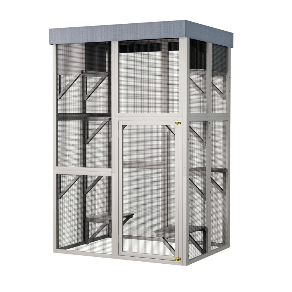 Tall Wooden Catio Outdoor Cat Enclosure, gray Cat House Large Solid Wood Cage Playpen 1005010756928988