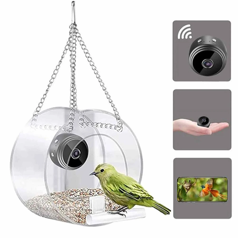 Smart Birds Hanging Feeder Acrylic with Camera Bird House Pet Feeder Transparent 1080P HD Easy 1005010760189837