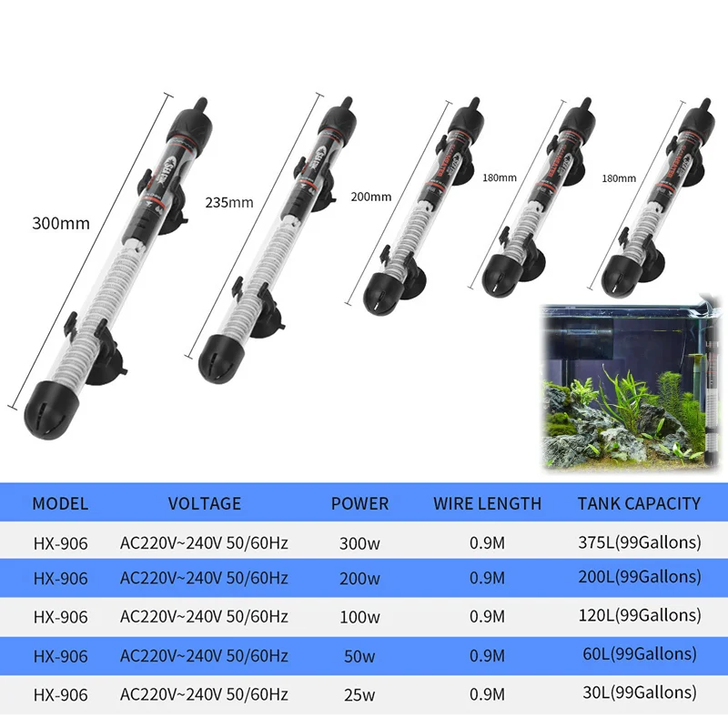 NEW EU 220-240V Aquarium Heater 25-300W, Adjustable Thermostat 20-34°C 1005010777169909