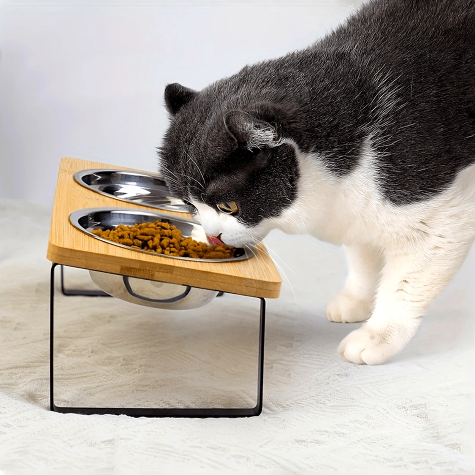 Raised Cat Bowls Pet Feeder 15° Tilted Elevated Cat Food Bowls with Wooden Stand 2 Stainless Steel 1005010786945814
