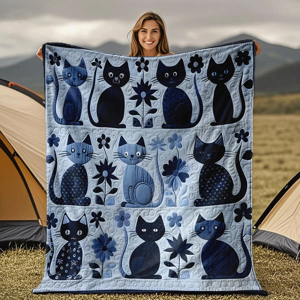 VIKAMA Cute Blue Cat Floral Patchwork Flannel Blanket Suitable for Camping Travel Sofa Bed Use 1005010788162619