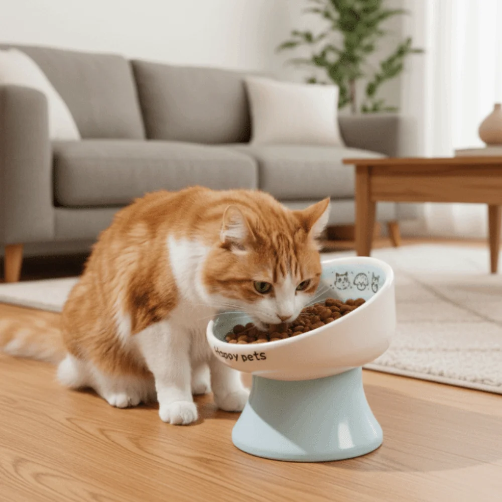 Large Capacity Ceramic Cat Bowl High Footed Cartoon Pattern Cat Water Food Bowl Neck Protector Not 1005010808389801