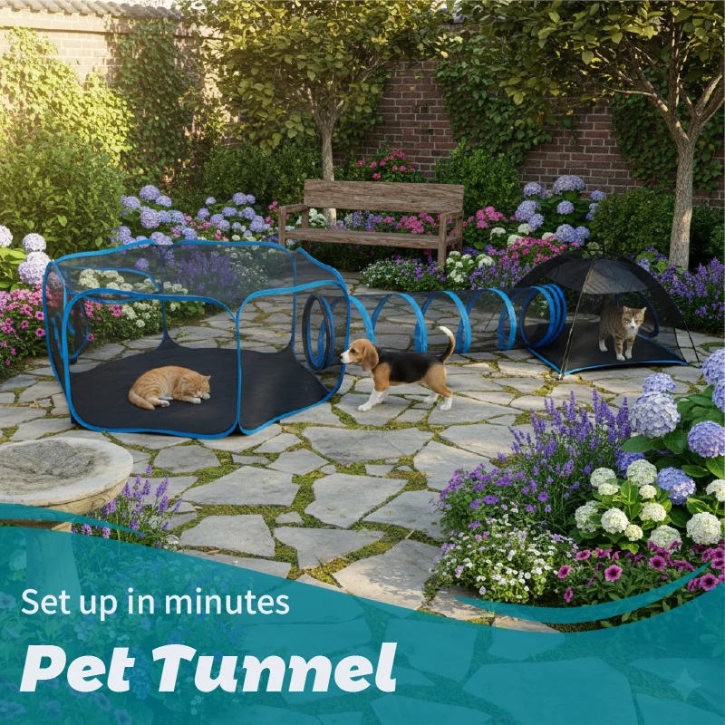 3-in-1 Portable Mesh Pet Fence Playhouse Multi-Animal Cage with Tunnel Indoor Outdoor Easy Setup 1005010812818804