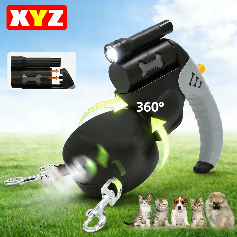 Auto Retractable Double-Headed Dog Leash 3M Rope for 2 Dogs with LED Flashlight 360 Degree Dual 1005011532260494