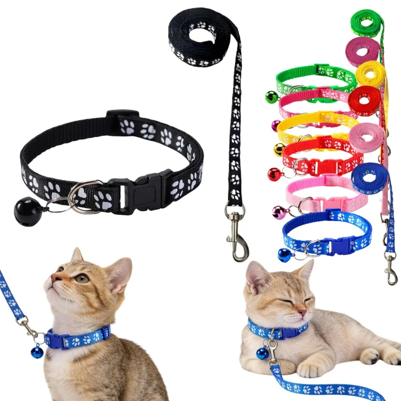 Bell Collar and Leash Set Cat Cartoon Paw Dog Collars Cat Accessories Kitten Collar Adjustable Bell 1005011535529489