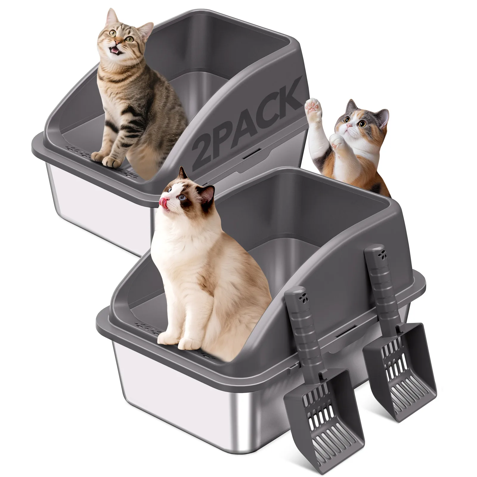 Stainless Steel Litter Box, High Sided Metal Cat Litter Tray with Scoop (2 Pack) 1005011561757063