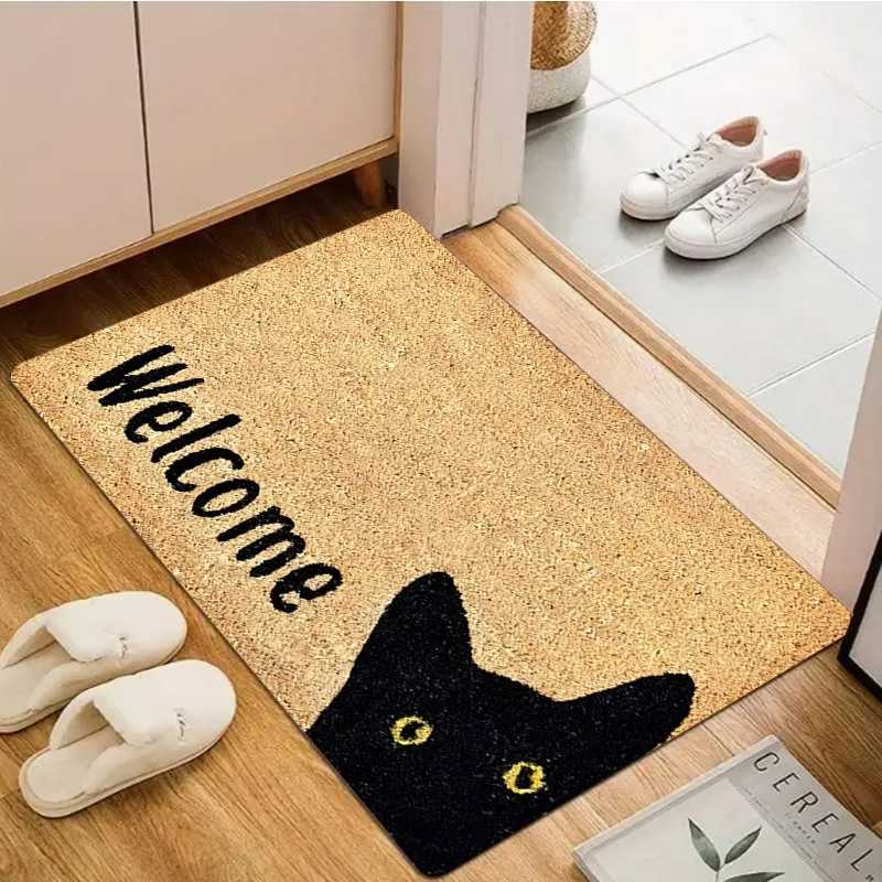 Cute Cat Welcome Door Mat Funny Cartoon Black Cat Letter Print Design Entryway Rug Soft Non-slip 1005011632527316