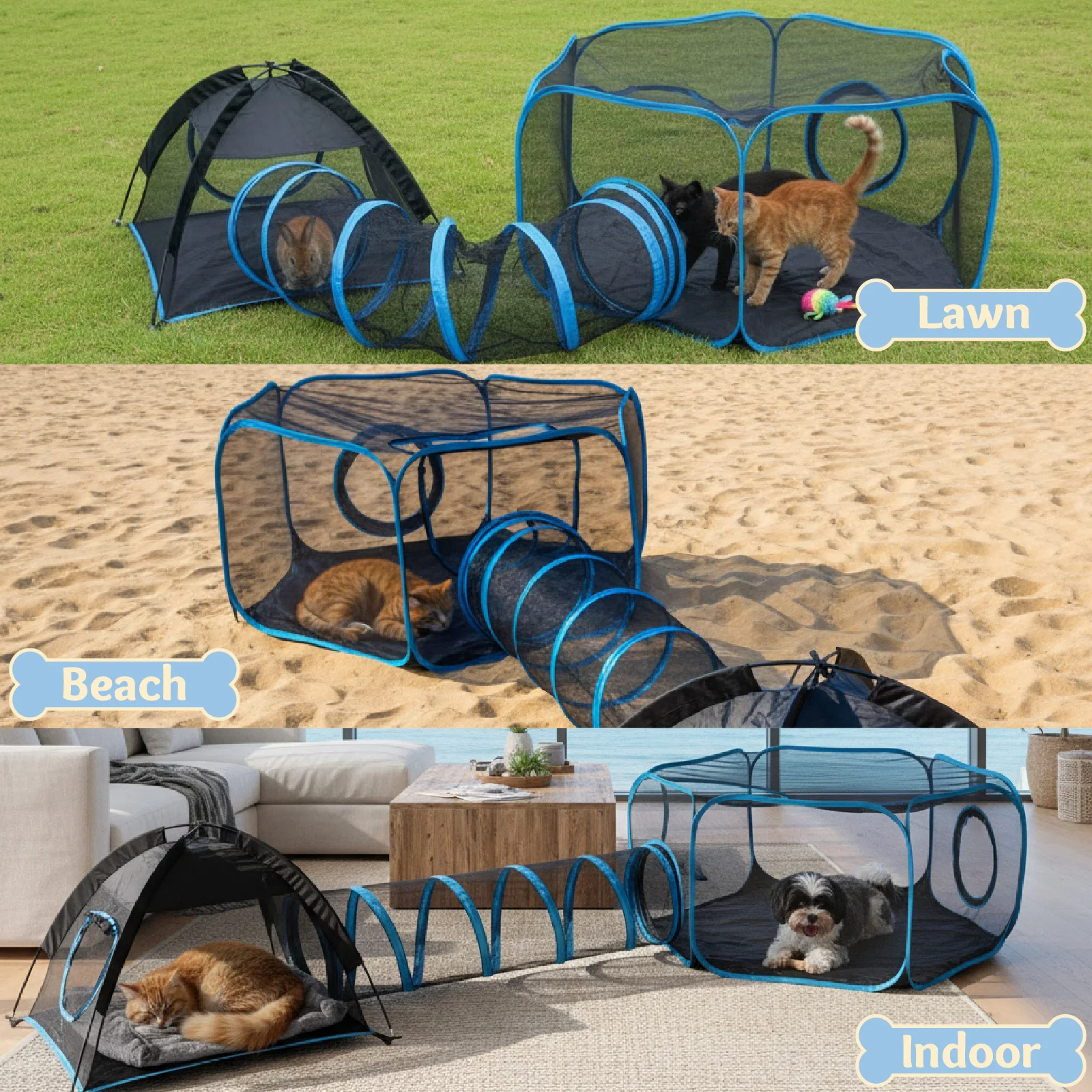 3-in-1 Portable Mesh Pet Fence Playhouse Multi-Animal Cage with Tunnel Indoor Outdoor Easy Setup 1005011689812183