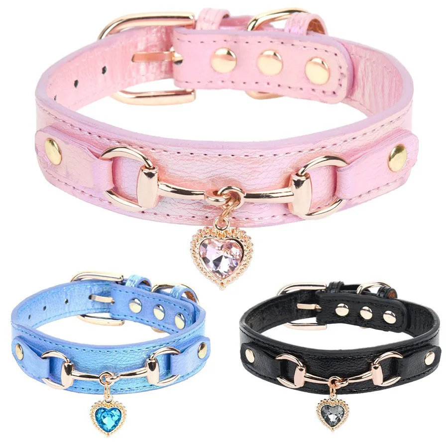 New Dog Collar Love Water Diamond PU Collar Metal Accessories Cat Neck Ring Fashion Design Cat 1005011732038006
