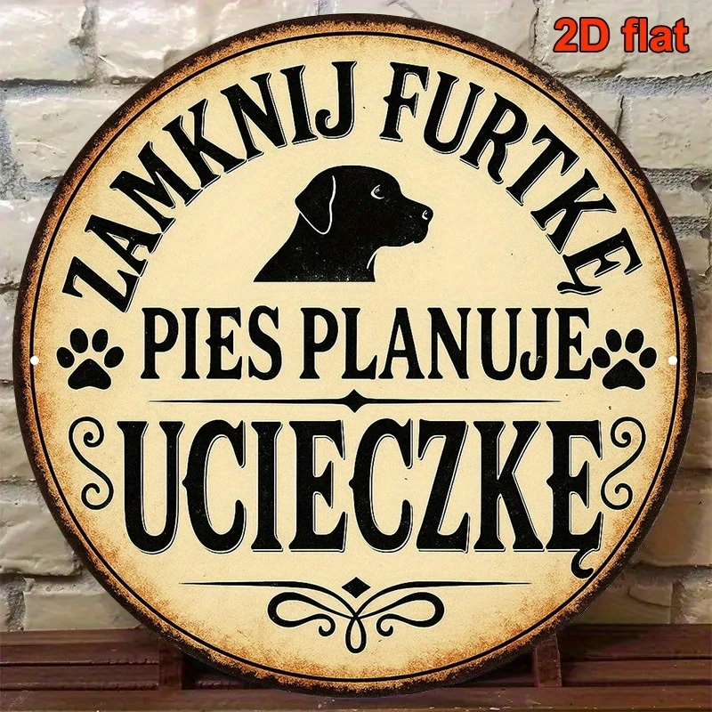 2D Retro Dog Outline and Paw Prints "Planning to Run Away" Wooden Round Sign Polish Craft for Rural 1005011771917438