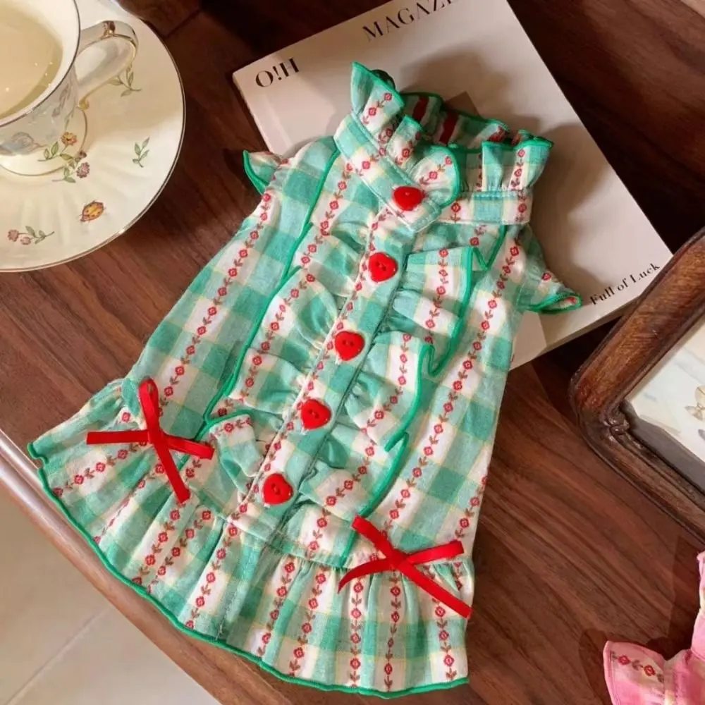 Pet Dog Clothes Polyester Fiber Pet Love Shirt Skirt INS Style Cute Dog Plaid Green Pet 1005011788631563