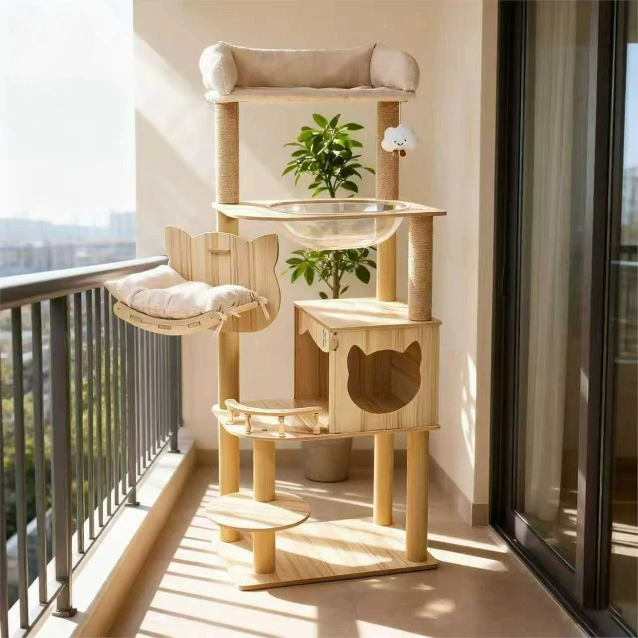 Tall Wooden Cat Tree Tower with Cat Condo & Plush Top Perch for Indoor Cats 1005011811801999