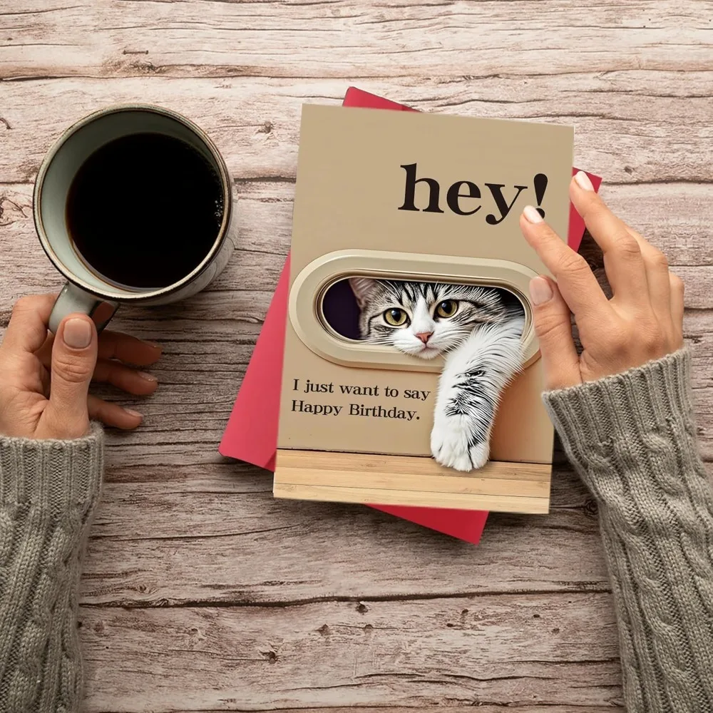Cat Door Birthday Greeting Card "Hey! I Just Want to Say Happy Realistic Tabby Design with Red 1005011816776321