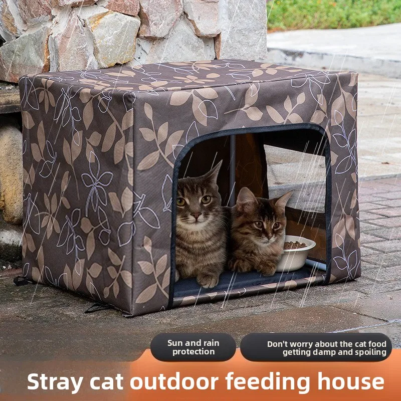 Outdoor Stray Cat Feeding House with Canopy Rain Shelter Weatherproof Cat Nest Feeding Station 1005011822324487