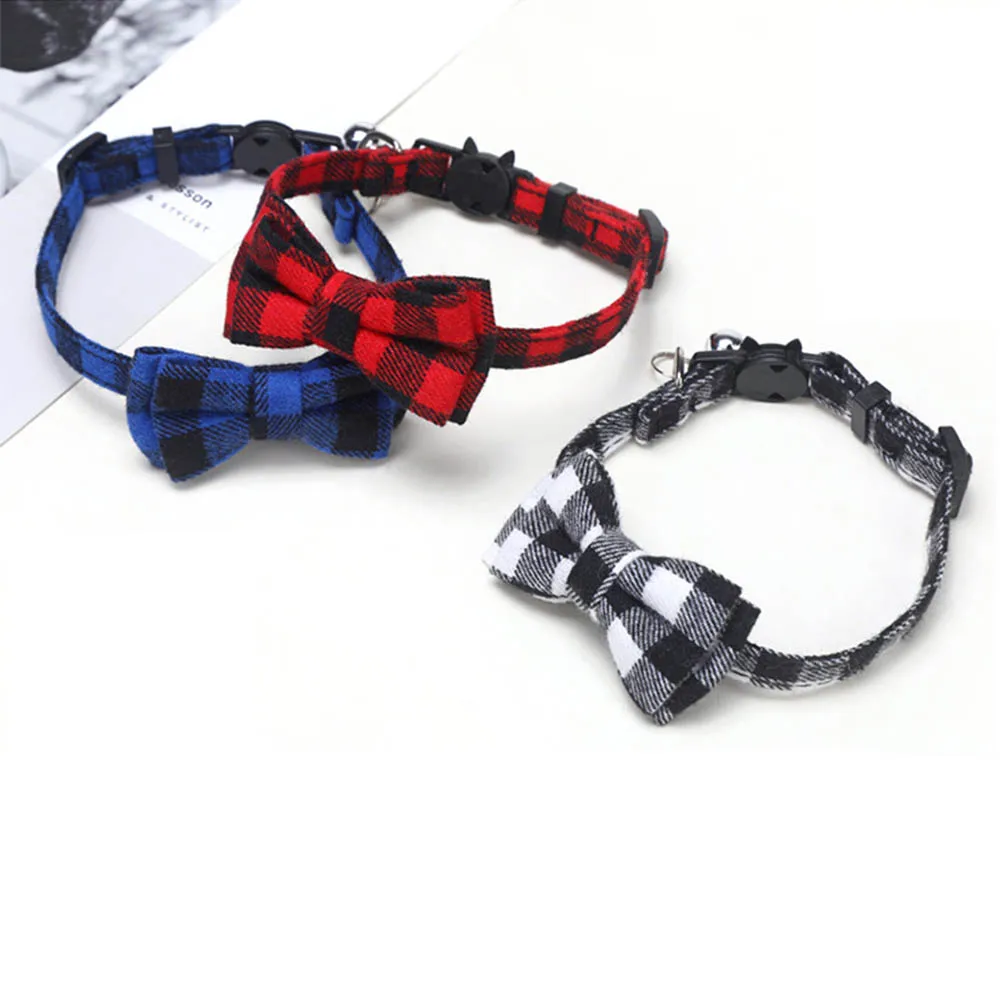 Pet Breakaway Cat Collar Bow Tie and Bell Cute Plaid Christmas Red Elastic Adjustable Dog Collar 1005011829300077