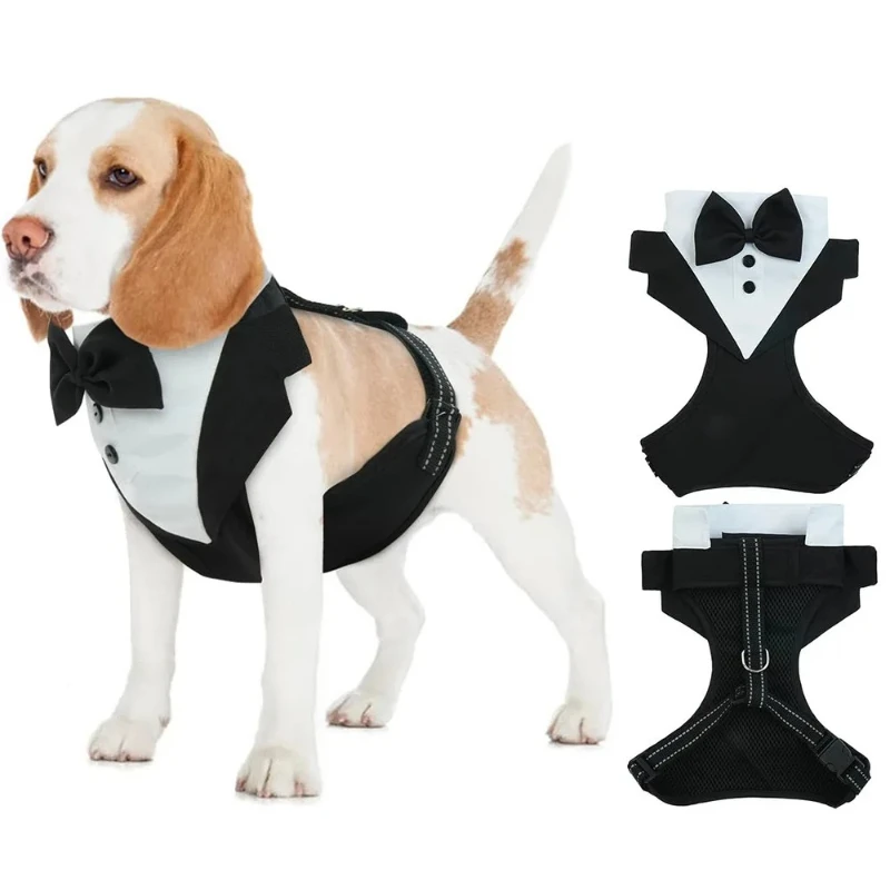 Dog Tuxedo Vest with Bow Tie, Formal Wedding Harness Outfit for Small Dogs 1005011834955290