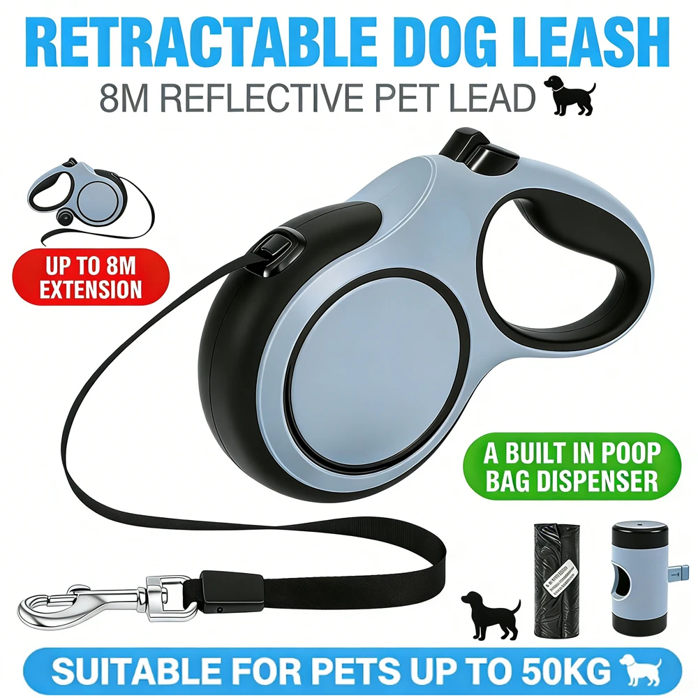 Retractable Dog Leash 3 Mode Automatic Telescopic with Waste Bag and Nonslip Grip Walking Pet (8 M) 1005011841064746