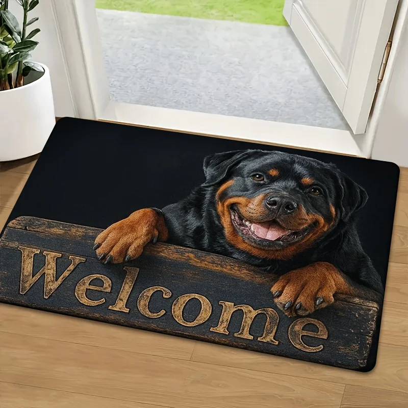 Dog Welcome" Doormat – Friendly Canine Peeking Over Wooden Sign, Soft Fleece & Sponge for Entryway 1005011846303992