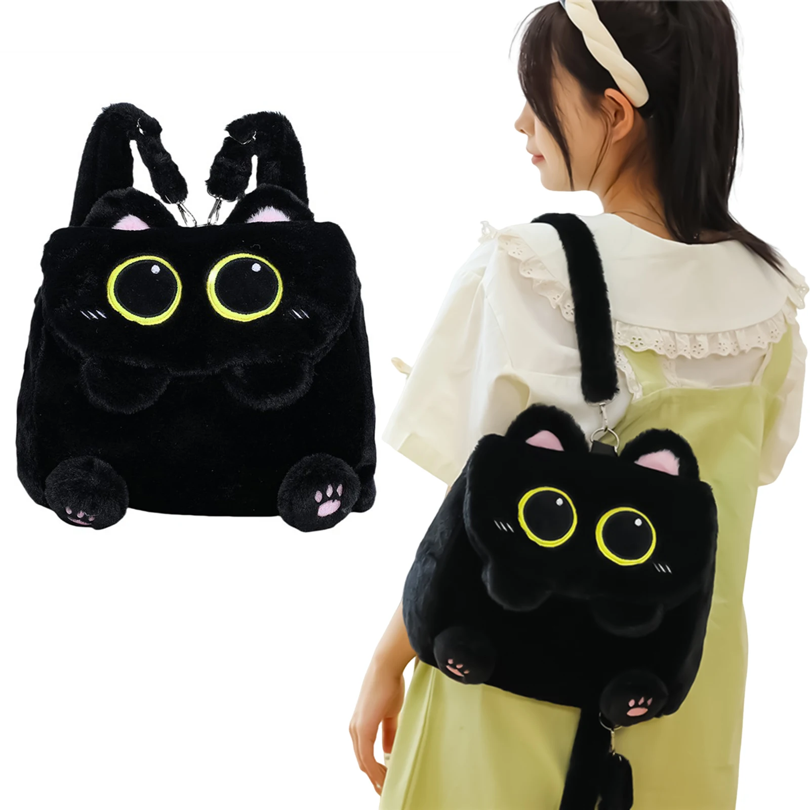 Black Cat Plush Backpack for Girls Cute Kitten Design Large Capacity Lightweight School Bag 1005011850292386