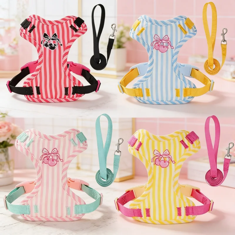 Cute Cherry Print Dog Harness with Leash Fashion Striped Pet Puppy Chest Strap Adjustable Cat Vest 1005011851785358