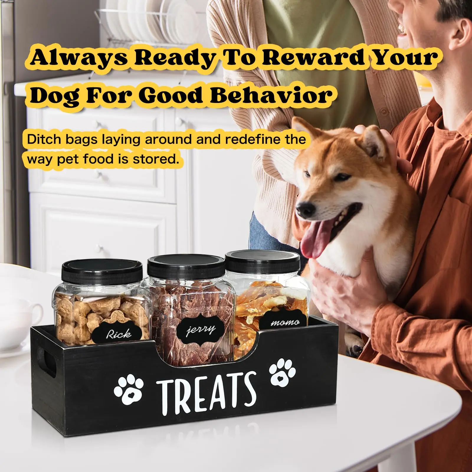 Wooden Pet Treat Storage Box with 3 Plastic Jars, Personalized Labels 1005011872458755