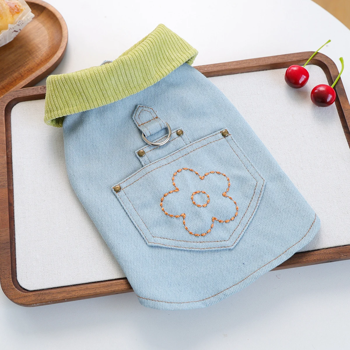 Flower Pocket Pet Denim Vest, Light Blue with Lime Green Collar, Sleeveless with D-Ring 1005011880648779