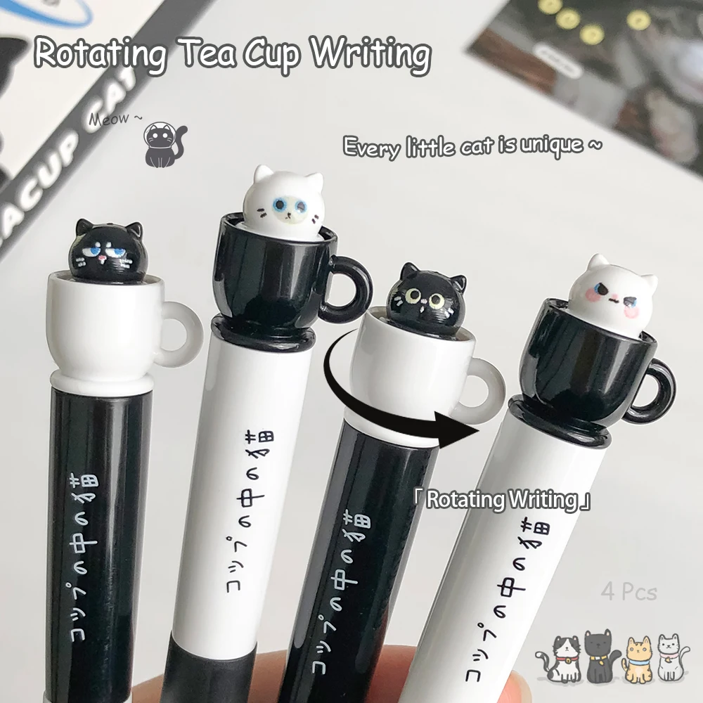 Cute Teacup Cat Gel Pens 0.5mm Fun Animal Quick Dry Pen Creative Rotating Cat Pocket Pen For (4 Pcs) 1005011888766603