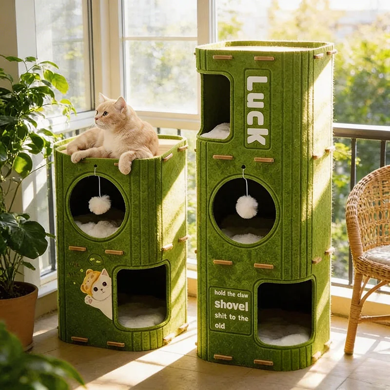 Green Felt Cat Barrel Bed-Multi-Level Cat Tree Cave with Hanging Ball Toy, Cozy Kitten House 1005011890201780