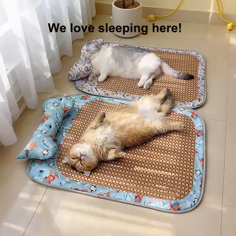 Cat Natural Hand Woven Cooling Mat Summer Pet Self Cooling Pad Cat Bed Mat for Dogs Indoor Rattan 1005011893691476