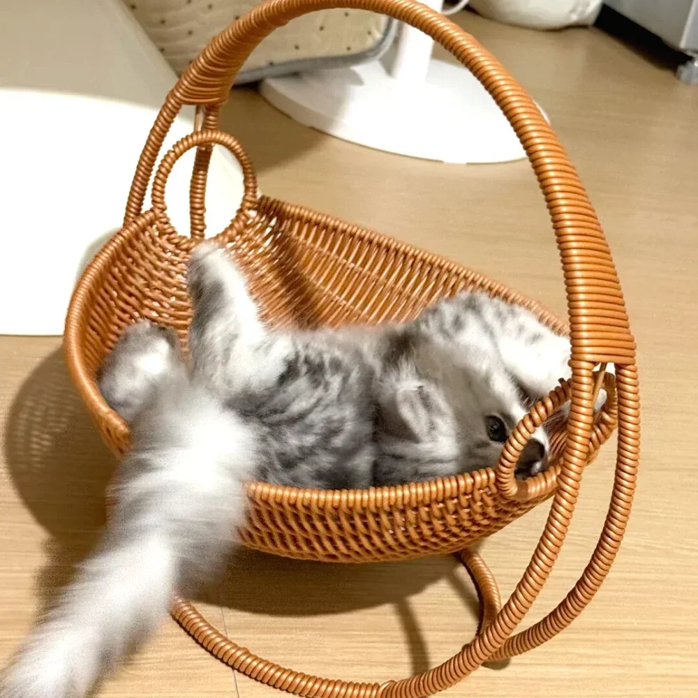 Cradle Cat Bed Hanging Cat Hammock Rattan-Style Semi-Enclosed Pet Cave Bed Cats Swing Basket 1005011897097008