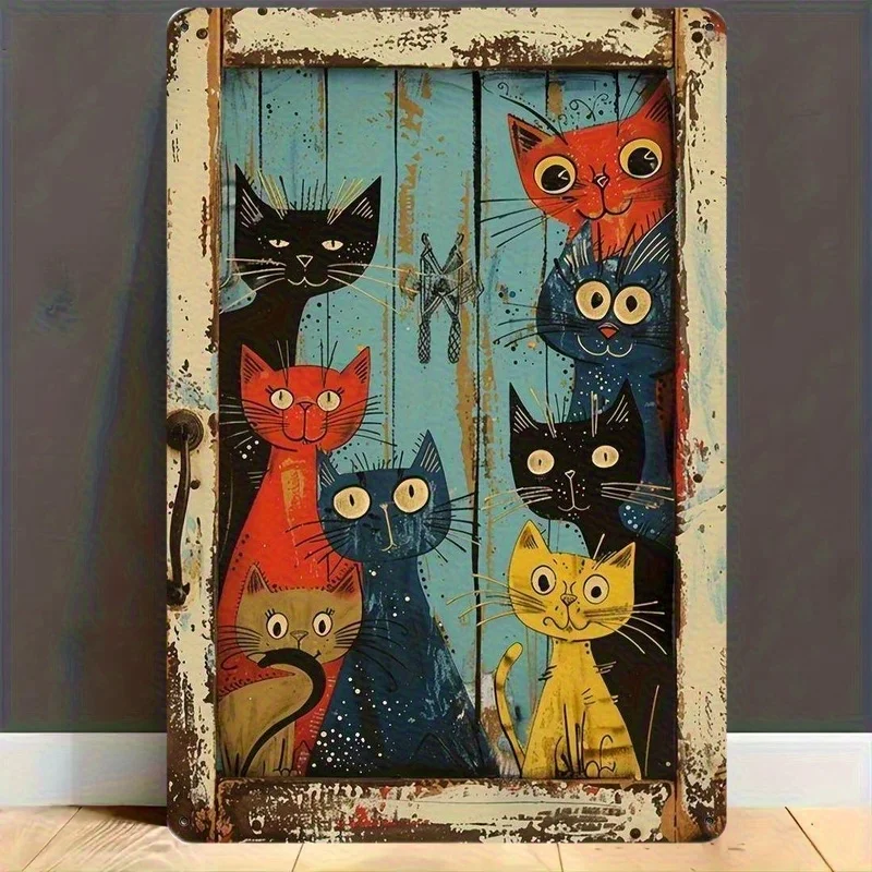 Vintage Colorful Cats Peeking Door Metal Tin Sign, Retro Rustic Whimsical Cat Art Wall Decor 1005011913457698