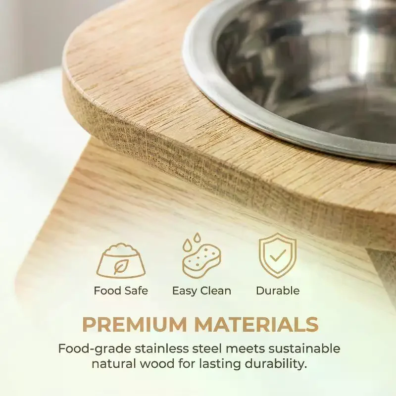 Elevated Cat Bowls Pet Feeder 15° Tilted Raised Cat Food Bowls with Wooden Stand Stainless Steel 1005011925844044