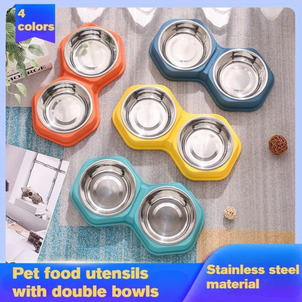 Double Bowl Pet Feeder Non Slip Base Durable PP Stainless Steel Easy Clean Food Water Dish for Cats 1005011929779142