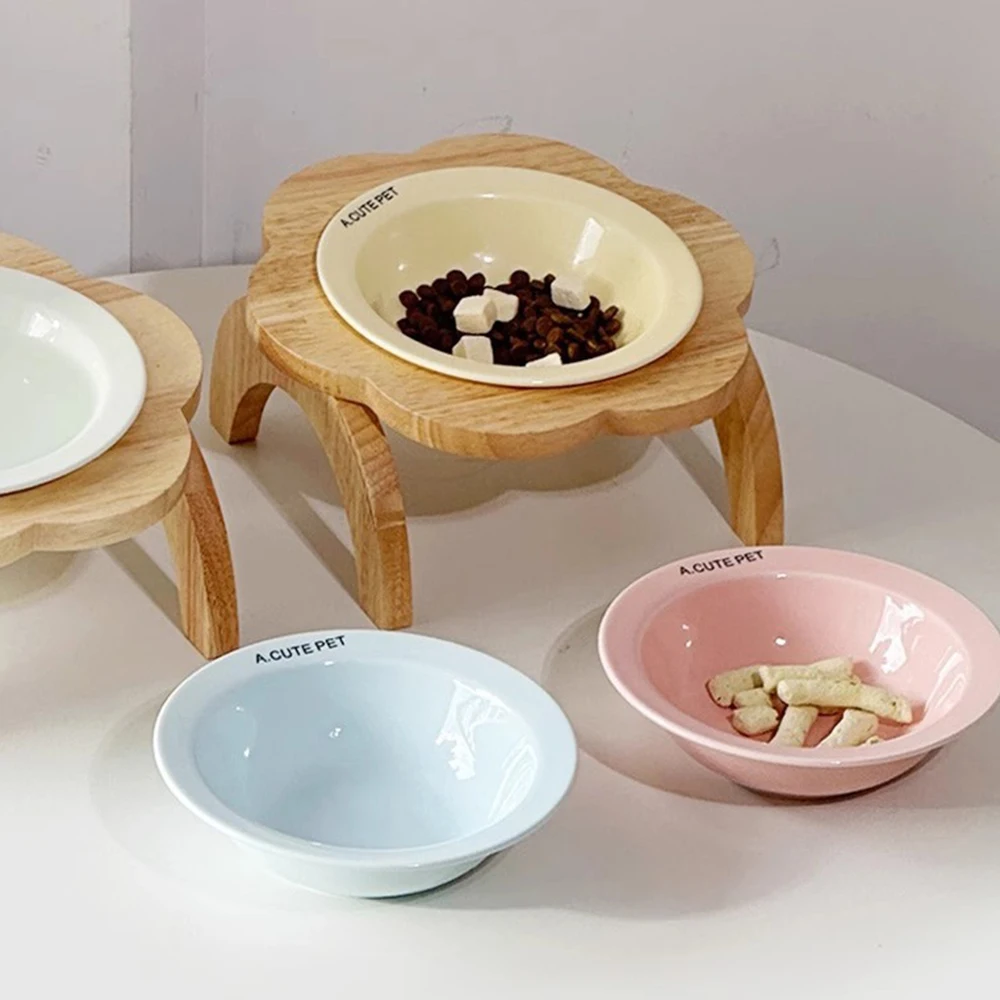 Cat Food Bowl with Wood Holder Stand Flower Shaped Ceramic Food Dish Water Bowl Cat Feeding 1005011943208911