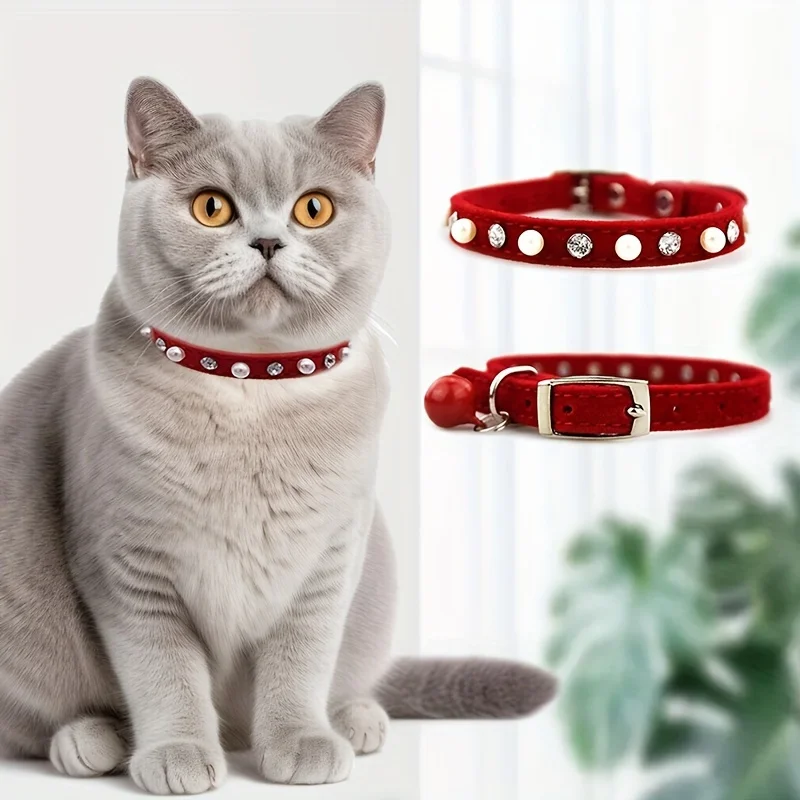 Pet Cat Pearl Rhinestone Adjustable Collar with Cat Bell Cute Small Dog Necklace (1pc) 1005011943679163