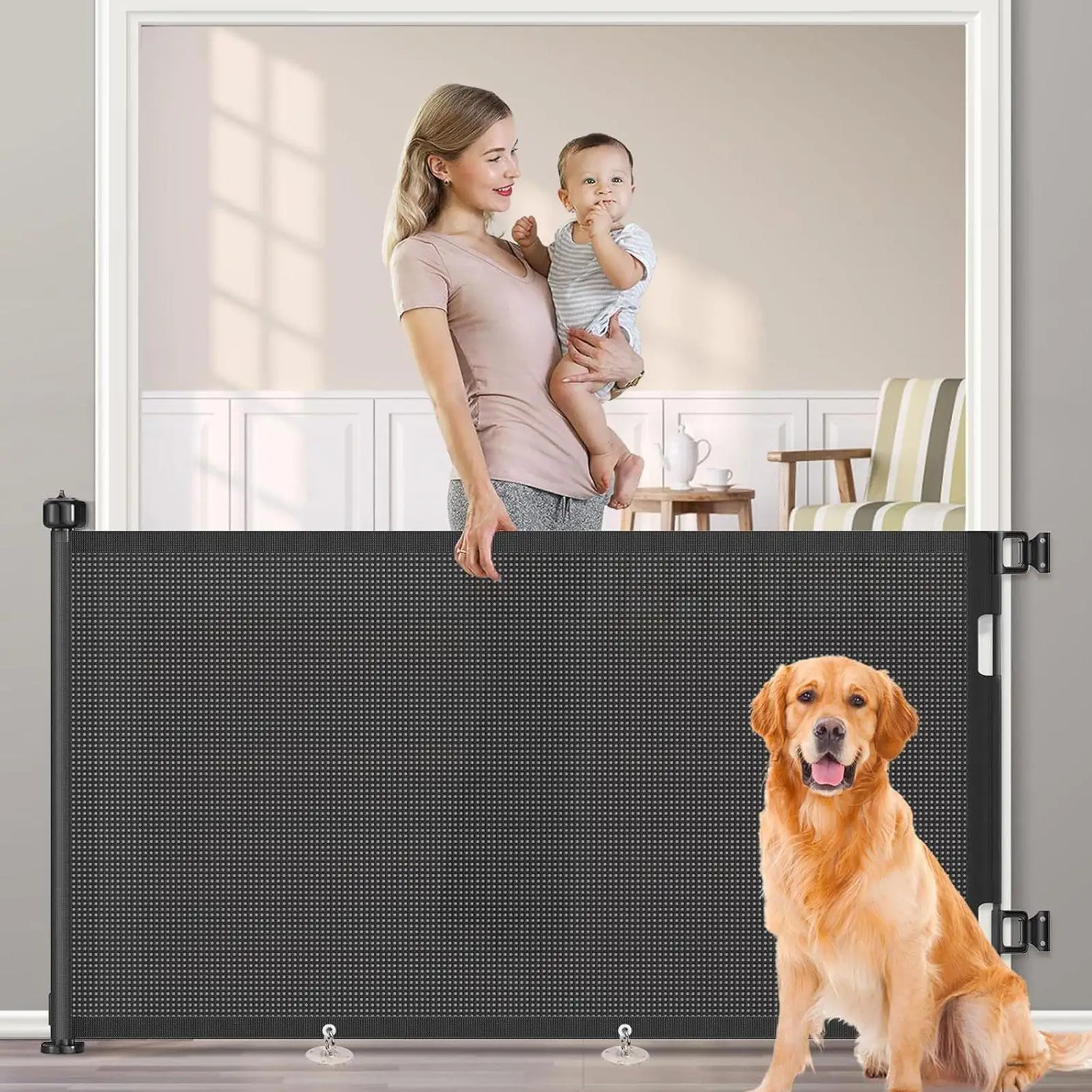 Retractable Pet Gate Retractable Mesh Gate No-Drill Childproof Net Fence Cat Baffle for Indoor 1005011955569839