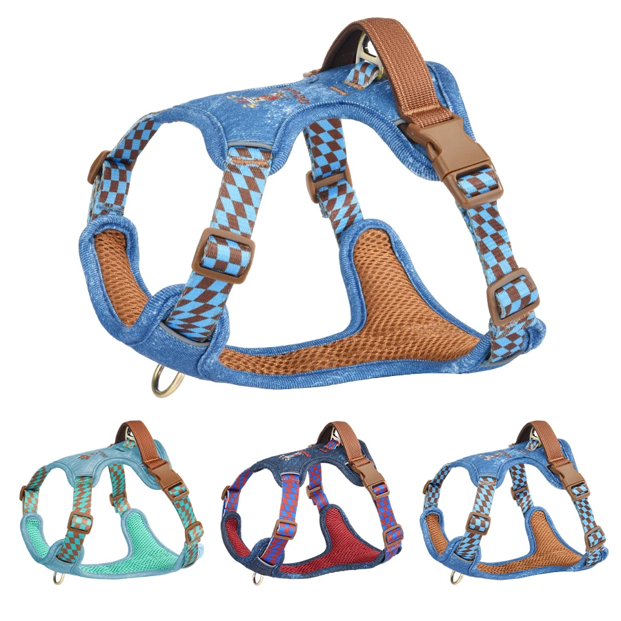 Fashion Denim Dog Harness, No-Pull Front Clip, Adjustable 4 Buckles, Reflective Handle Vest 1005011986872864