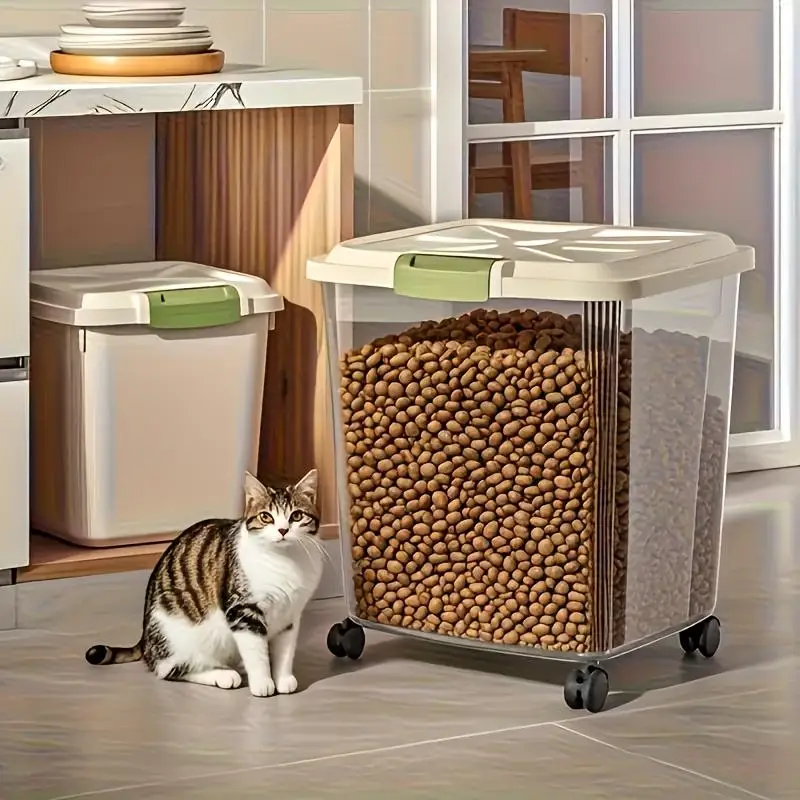 Large-Capacity Pet Food Storage Bin with Wheels. Features a Built-In Measuring Scoop and a Snap-On 1005011994786117