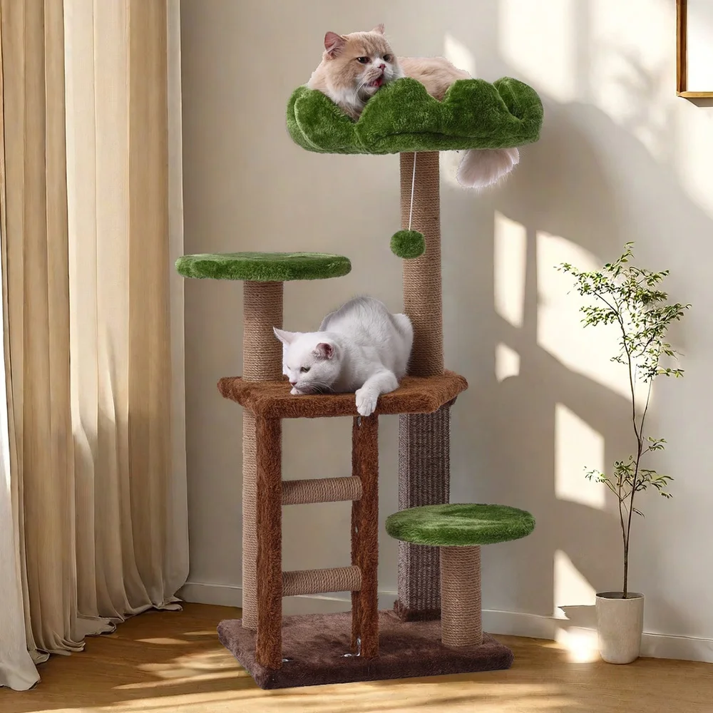 Medium Cat Tree: Green Staircase Multi-Tier Cat Tower with Scratching Post and Cozy Perch Cat 1005012000945896