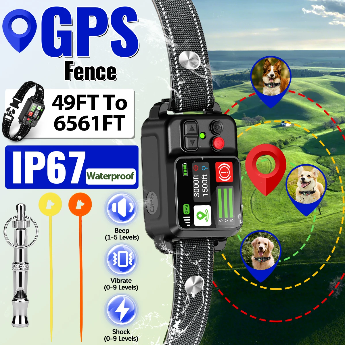 Orcleab GPS Wireless Dog Fence Smart GPS Dog Trainning Collar Fence IP67 Waterproof Electric Shock 1005012001269267