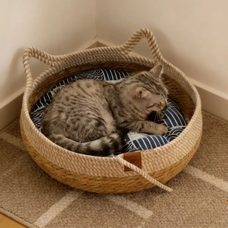 Scratch Resistant Cat Bed Four Seasons Rattan Woven Removable Washable Upholstery Floor Sleeping 1005012027786395