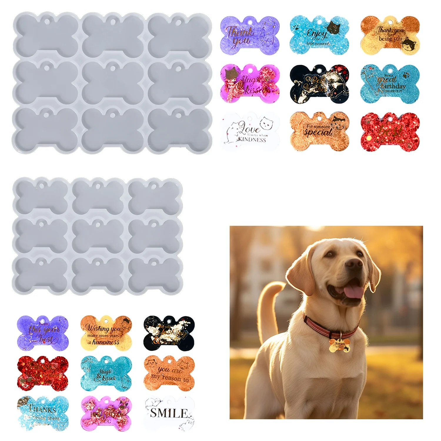 9-Piece Bone-Shaped Dog Tag Keychain Mold for Pets, Silicone Mold for Pendants and Charms 1005012029982114