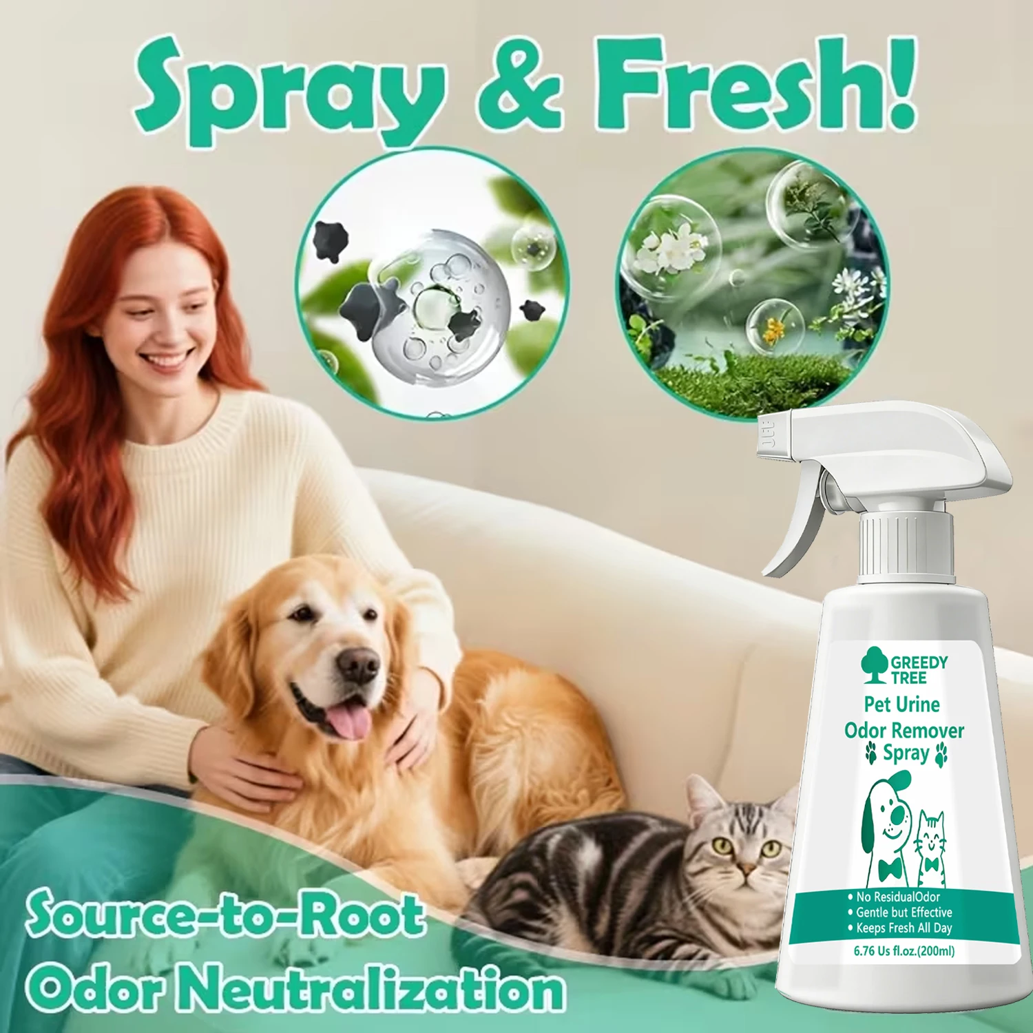 Pet Urine Odor Remover Spray for Dogs & Cats, No Residue Gentle Effective All-Day Fresh Deodorizer 1005012032636409